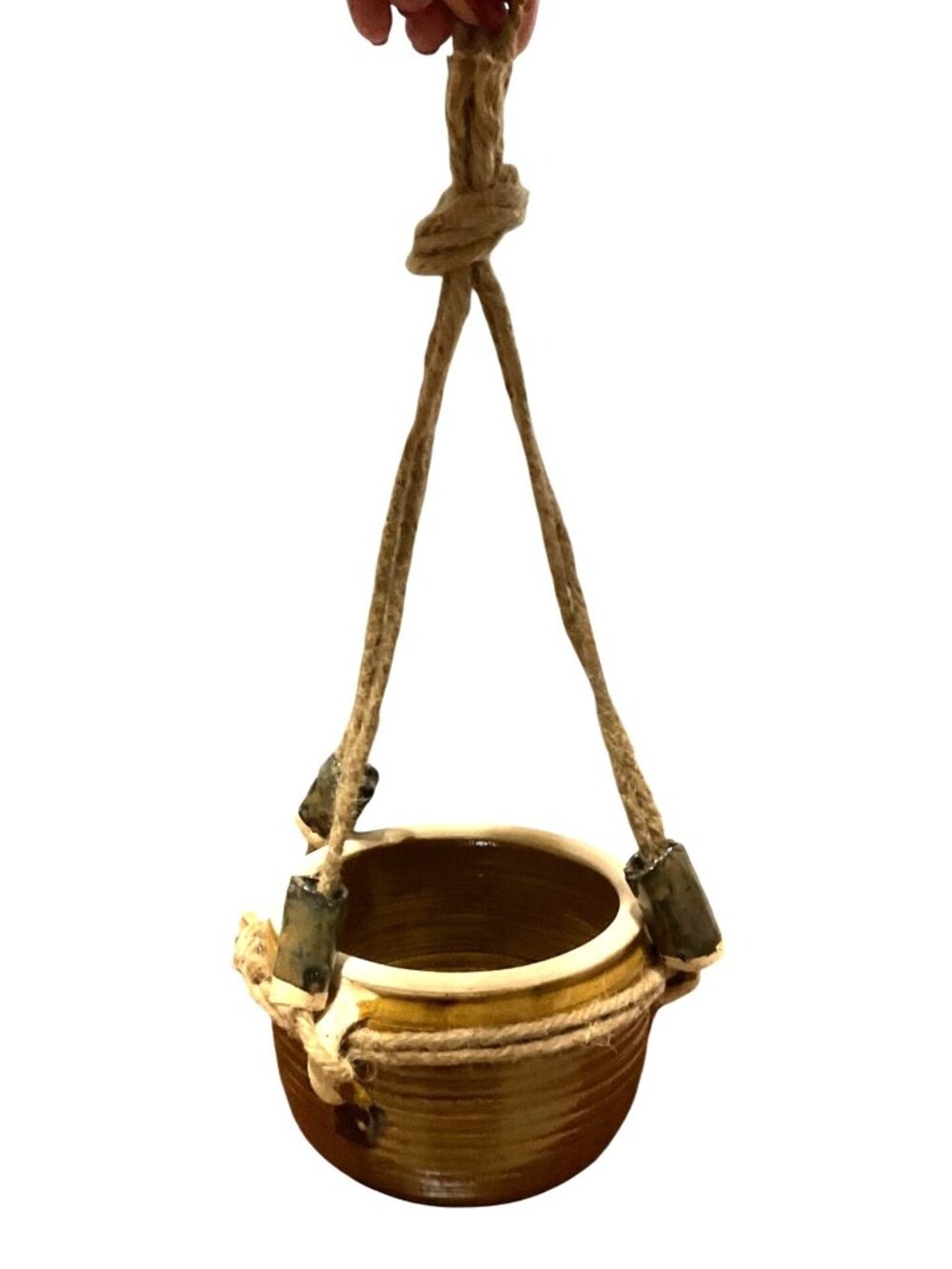 Studio Pottery Ceramic Hanging Planter Rope Accents For Indoor/Outdoor Plants
